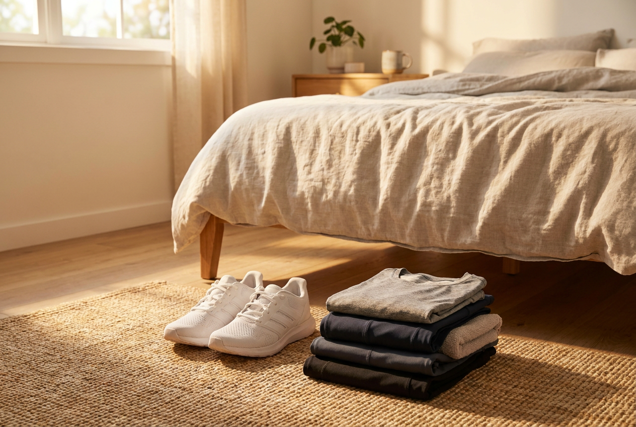 Sportschoenen en sportkleding klaargelegd naast het bed als lage drempel voor een sportgewoonte