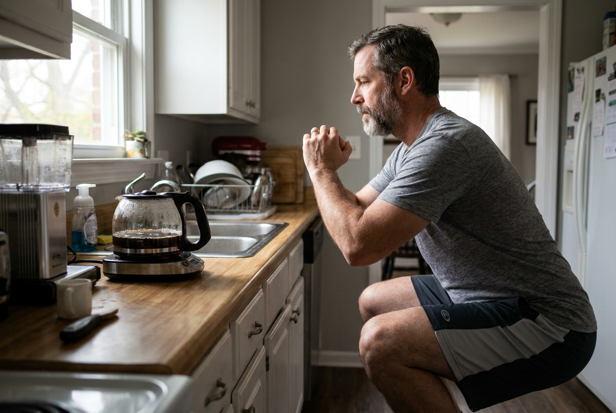 Man doet een snelle squat in de keuken terwijl de koffie doorloopt