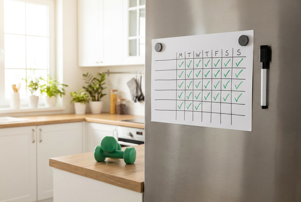 Habit tracker op de koelkast met vinkjes om een sportgewoonte bij te houden