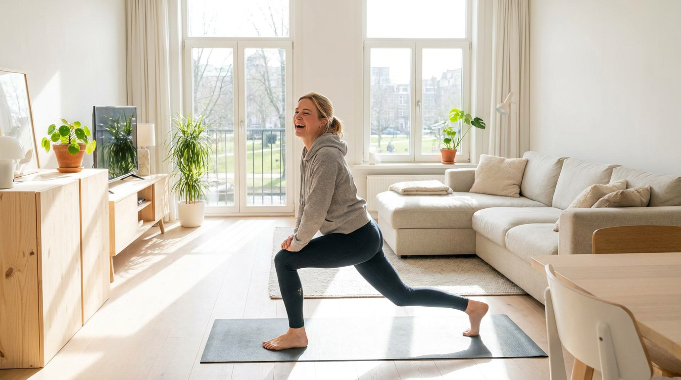 Vrouw doet een korte thuisworkout in de ochtend om een sportgewoonte op te bouwen