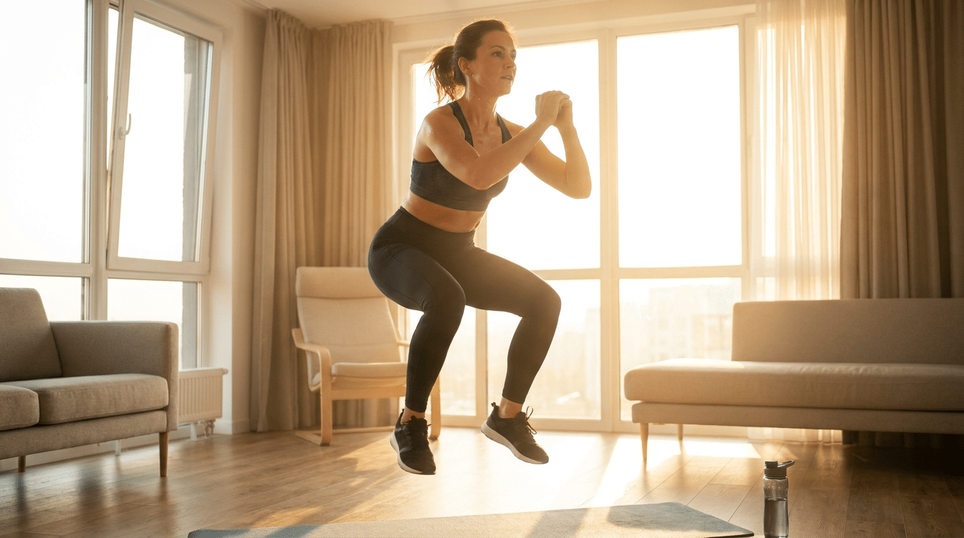 Vrouw doet intensieve korte HIIT-workout thuis in de woonkamer