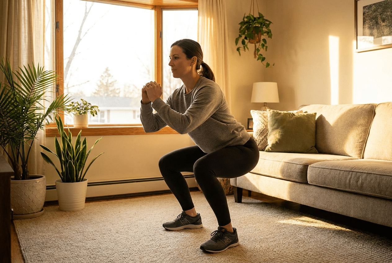 Vrouw doet squats thuis zonder materiaal voor meer nabranden