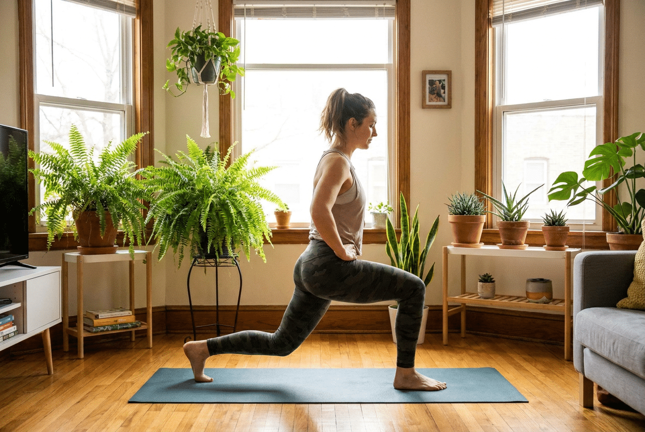 Vrouw doet lunges als beenoefening tijdens een thuisworkout