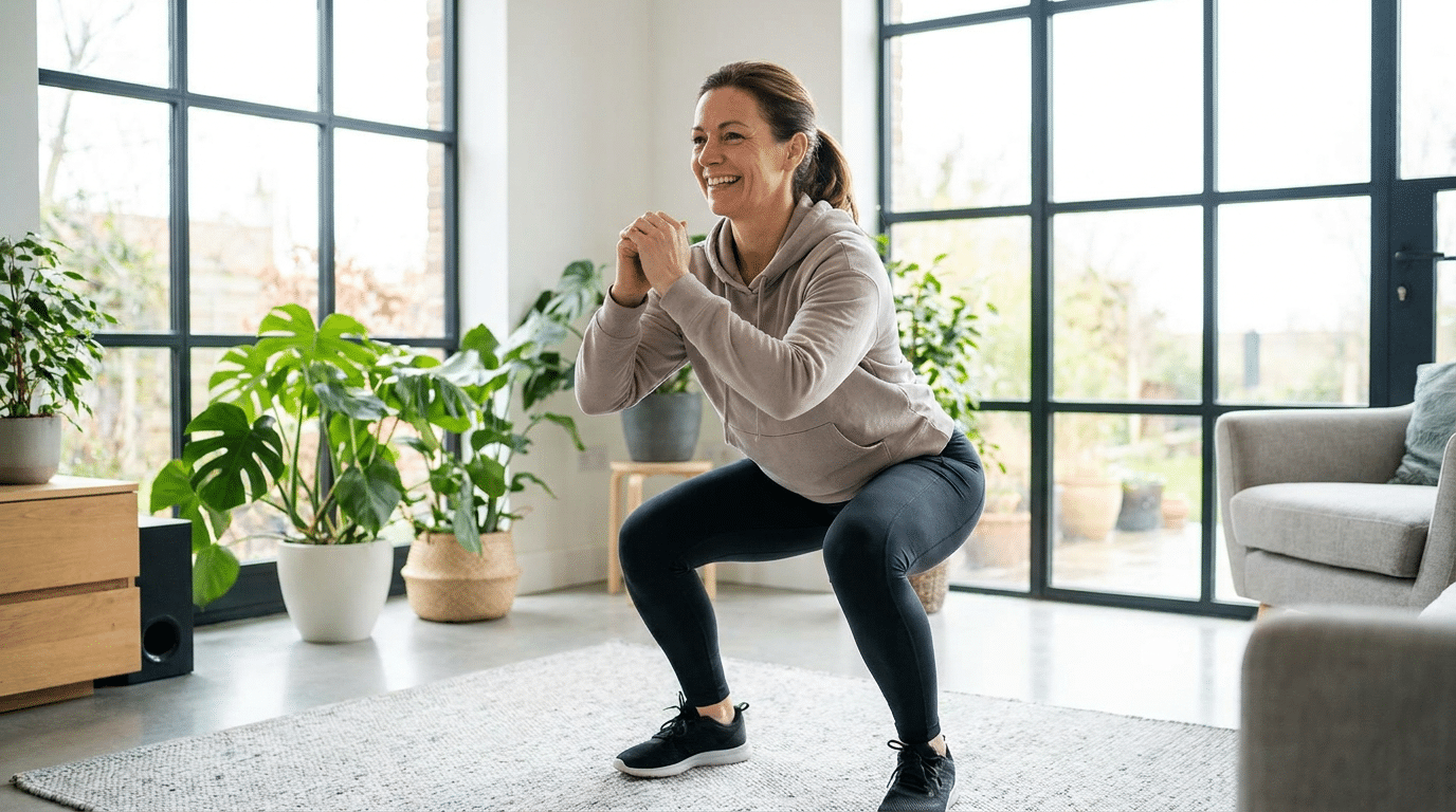 Vrouw doet een korte squat als exercise snack in de woonkamer