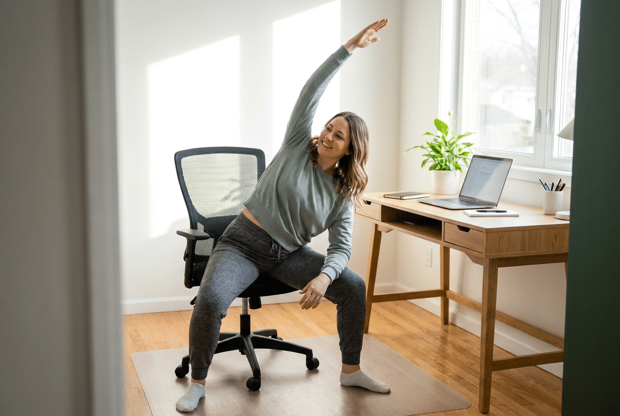 Vrouw doet een korte beweegpauze bij haar bureau op kantoor