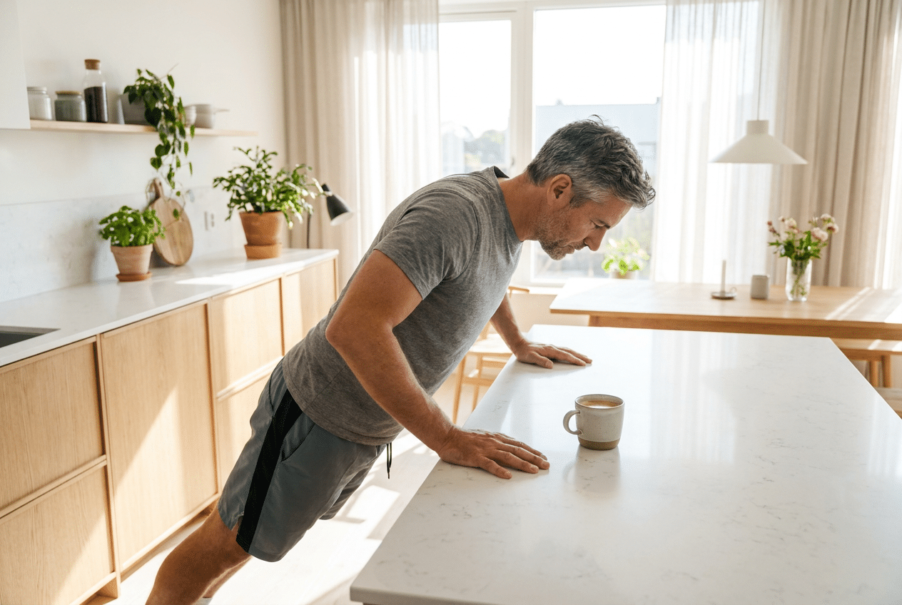 Man doet wall push-ups tegen het aanrecht als korte beweegpauze