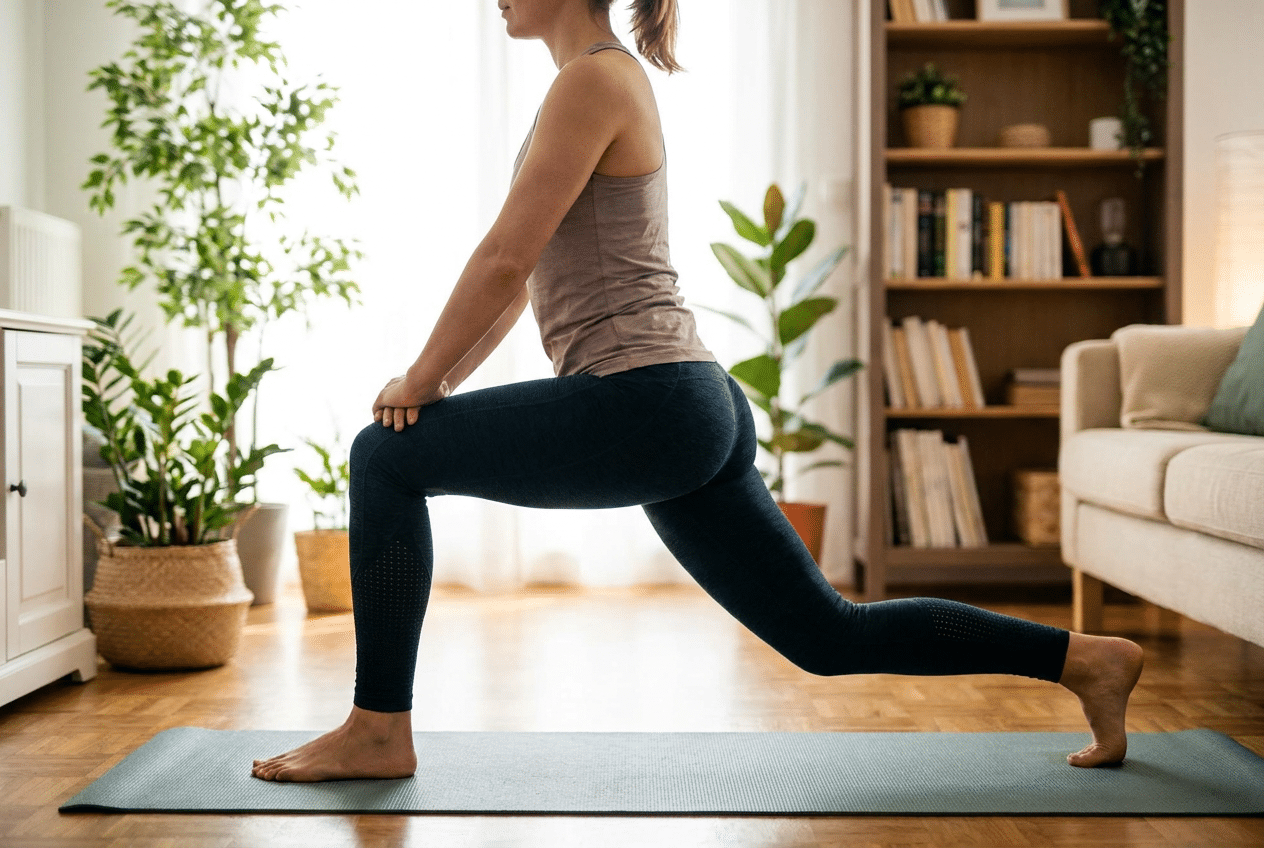 Vrouw doet een lunge tijdens een full body workout thuis