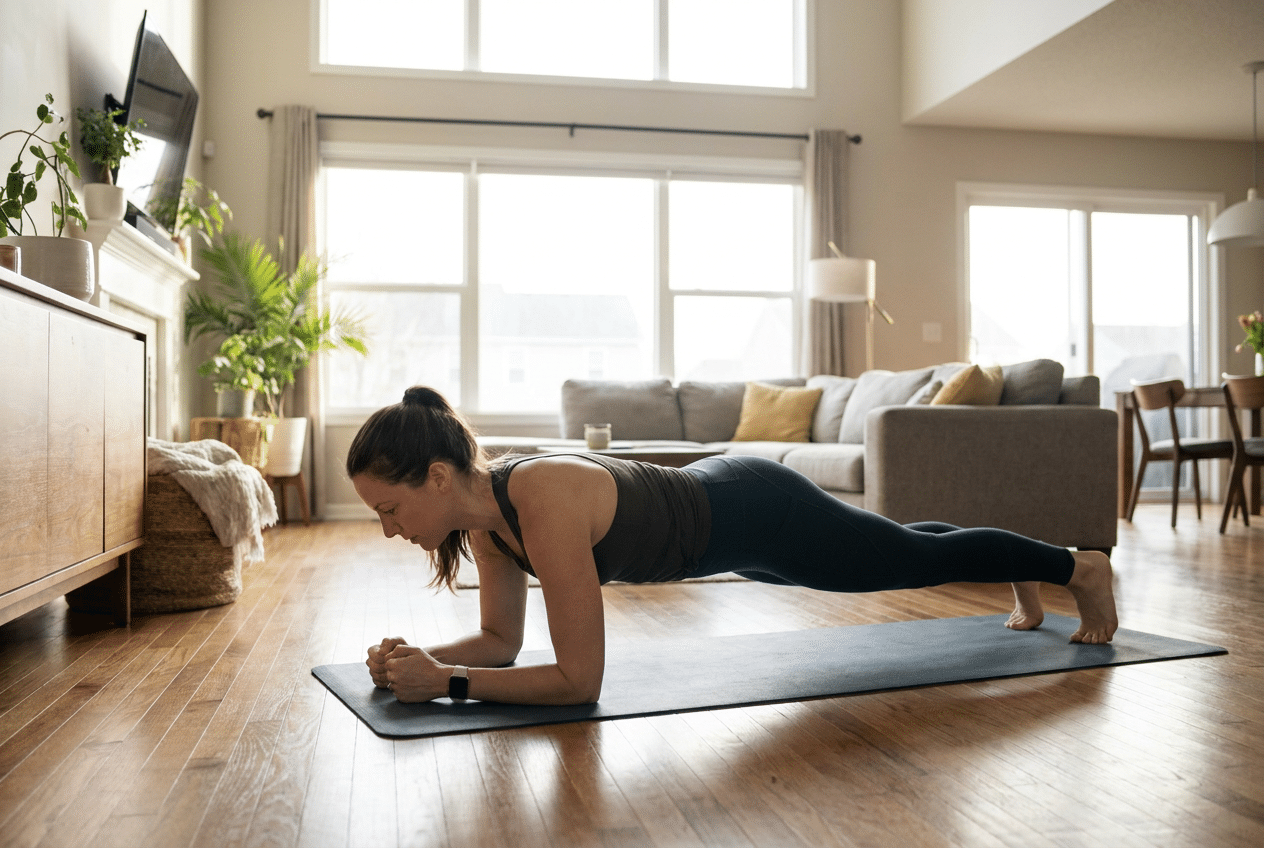 Vrouw houdt een plank vast tijdens een full body workout thuis