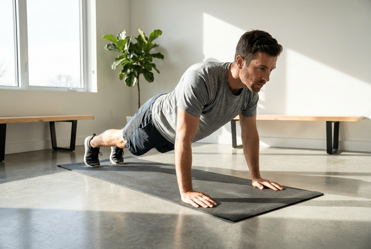 Man doet een push-up tijdens een full body workout thuis
