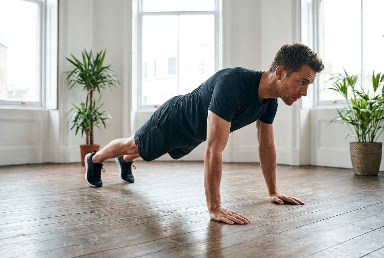 Man doet burpee als HIIT oefening thuis