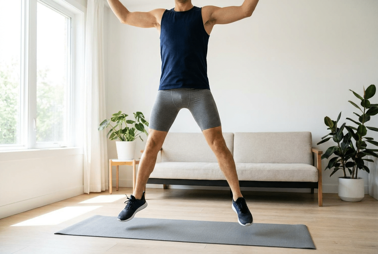 Vrouw doet jumping jacks als HIIT workout thuis