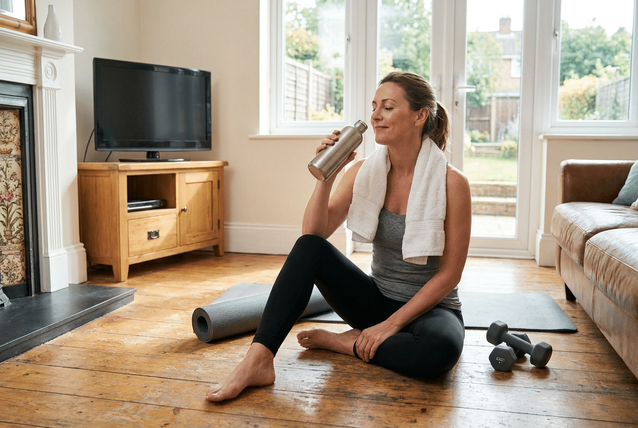 Vrouw neemt rust en drinkt water na een HIIT workout thuis