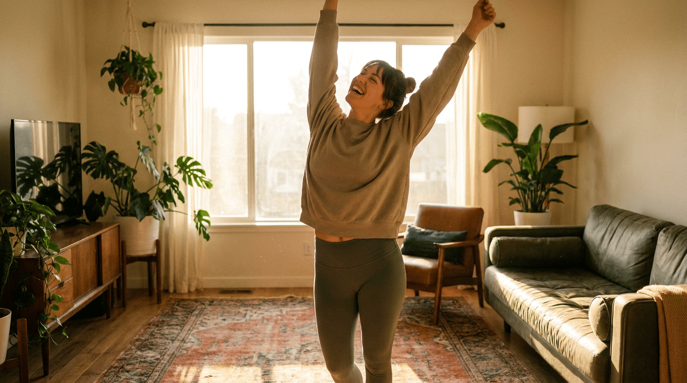 Vrouw doet een ochtend workout thuis in de ochtendzon