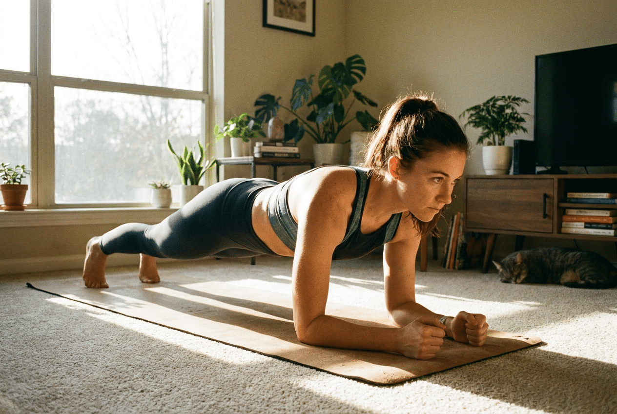 Vrouw houdt een plank vast tijdens een ochtend workout bij het raam