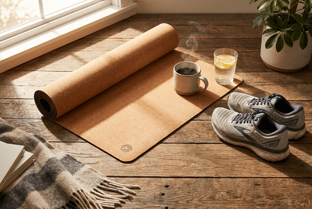 Yogamat naast koffie en water als vaste trigger voor een ochtend workout