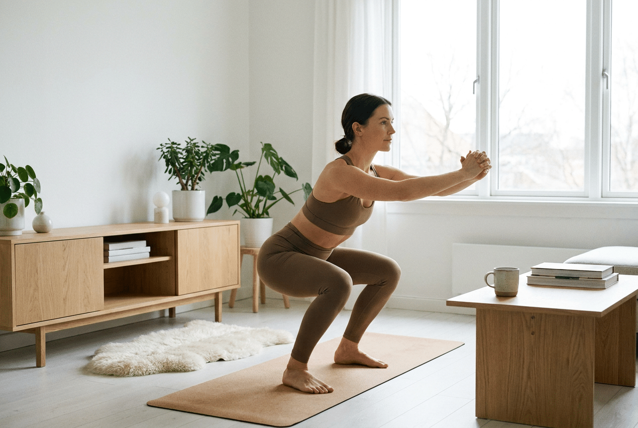 Vrouw doet een squat als onderdeel van haar ochtend workout thuis