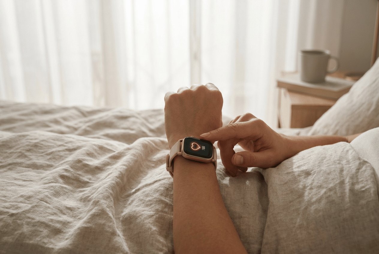 Persoon meet rusthartslag met een smartwatch in de ochtend om overtraining te herkennen