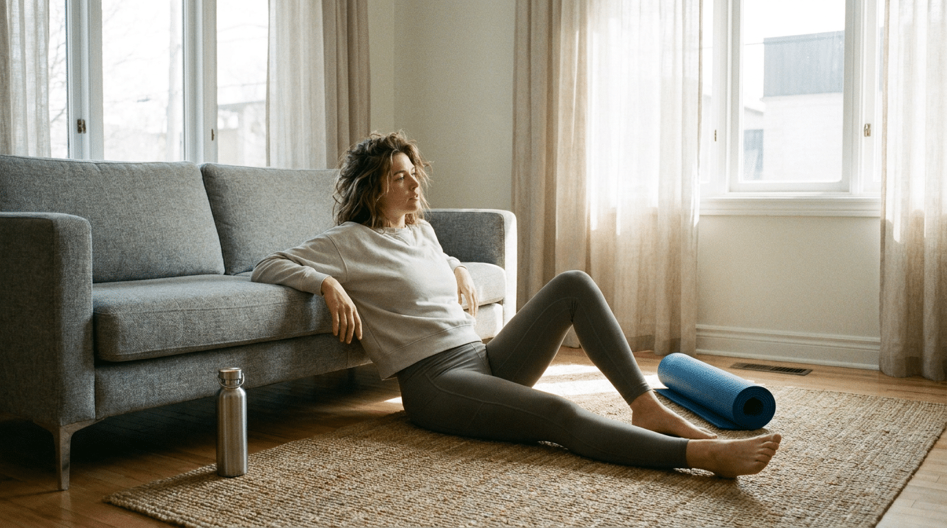 Vrouw rust uit op de grond na een thuisworkout, teken van herstel bij overtraining