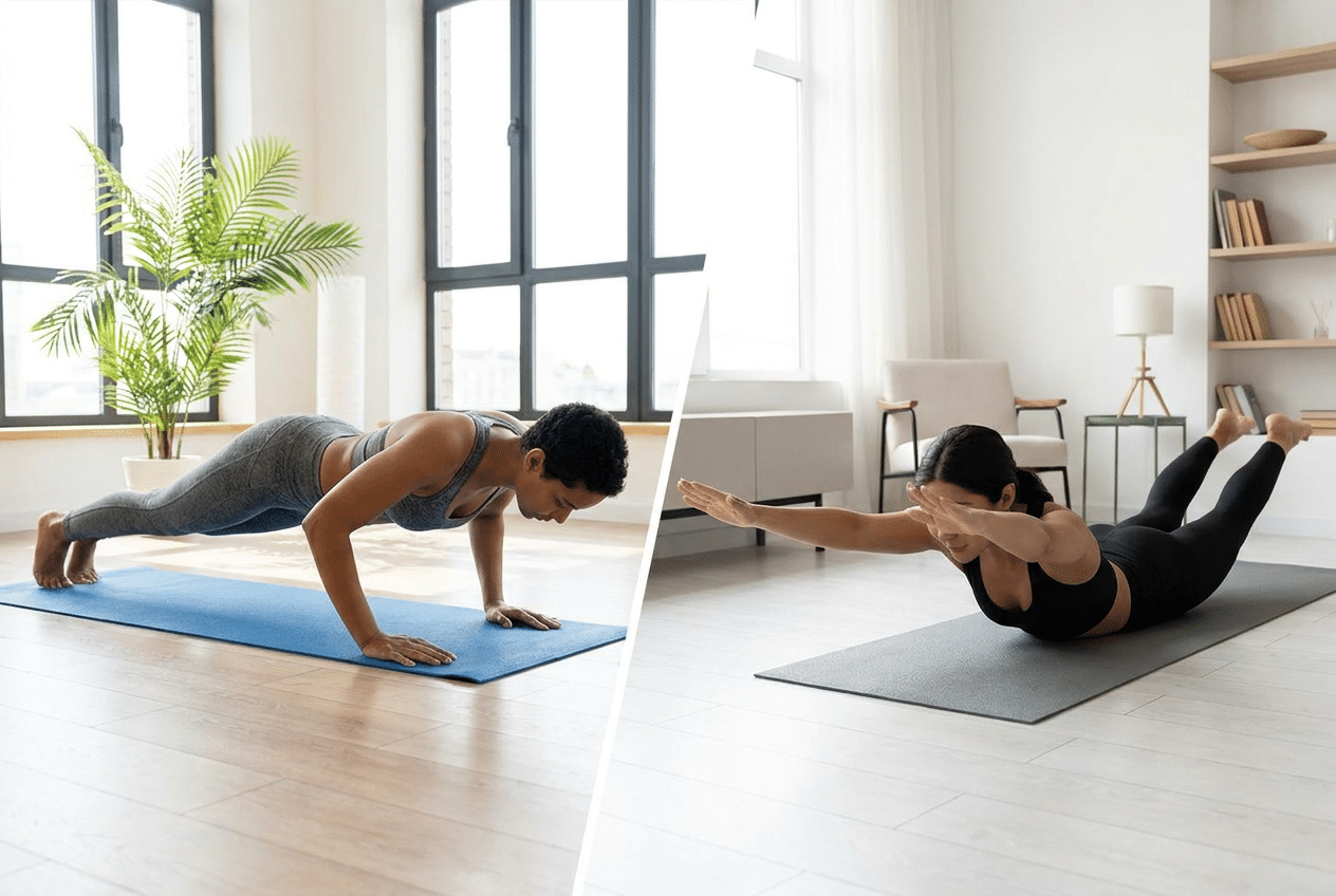 Push-up en rugoefening als voorbeeld van push en pull thuis trainen