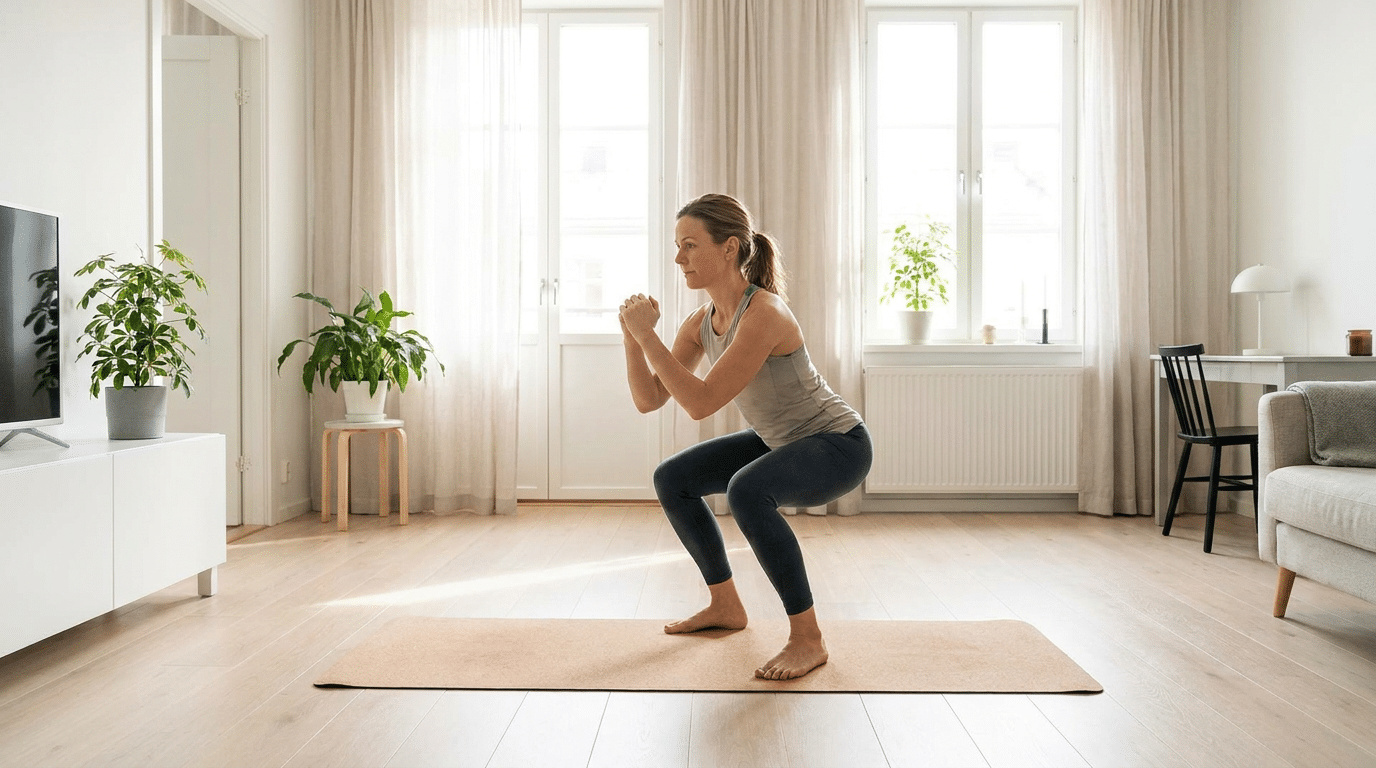 Vrouw doet een squat tijdens een korte thuisworkout in een lichte woonkamer
