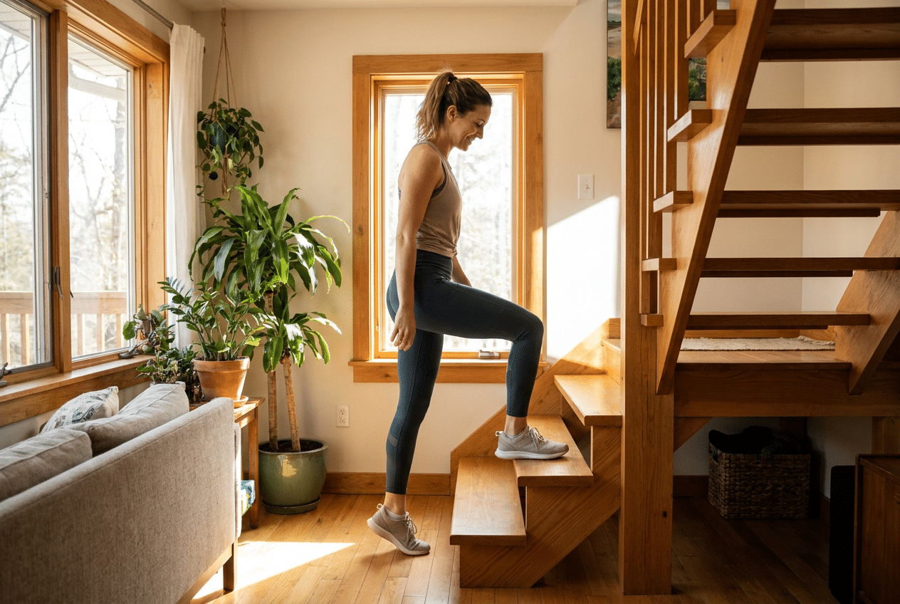 Vrouw doet step-ups op de trap thuis