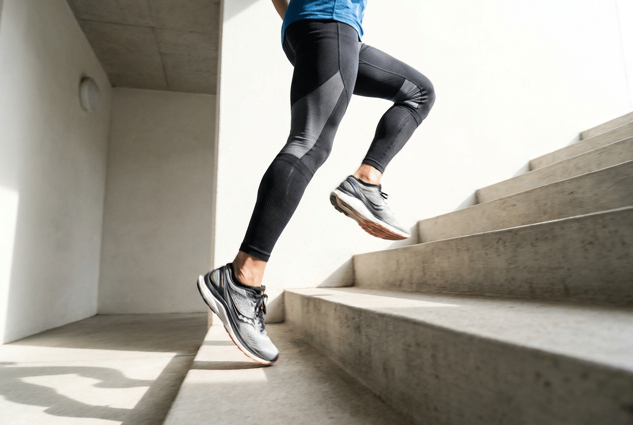 Benen en sportschoenen lopen de trap op
