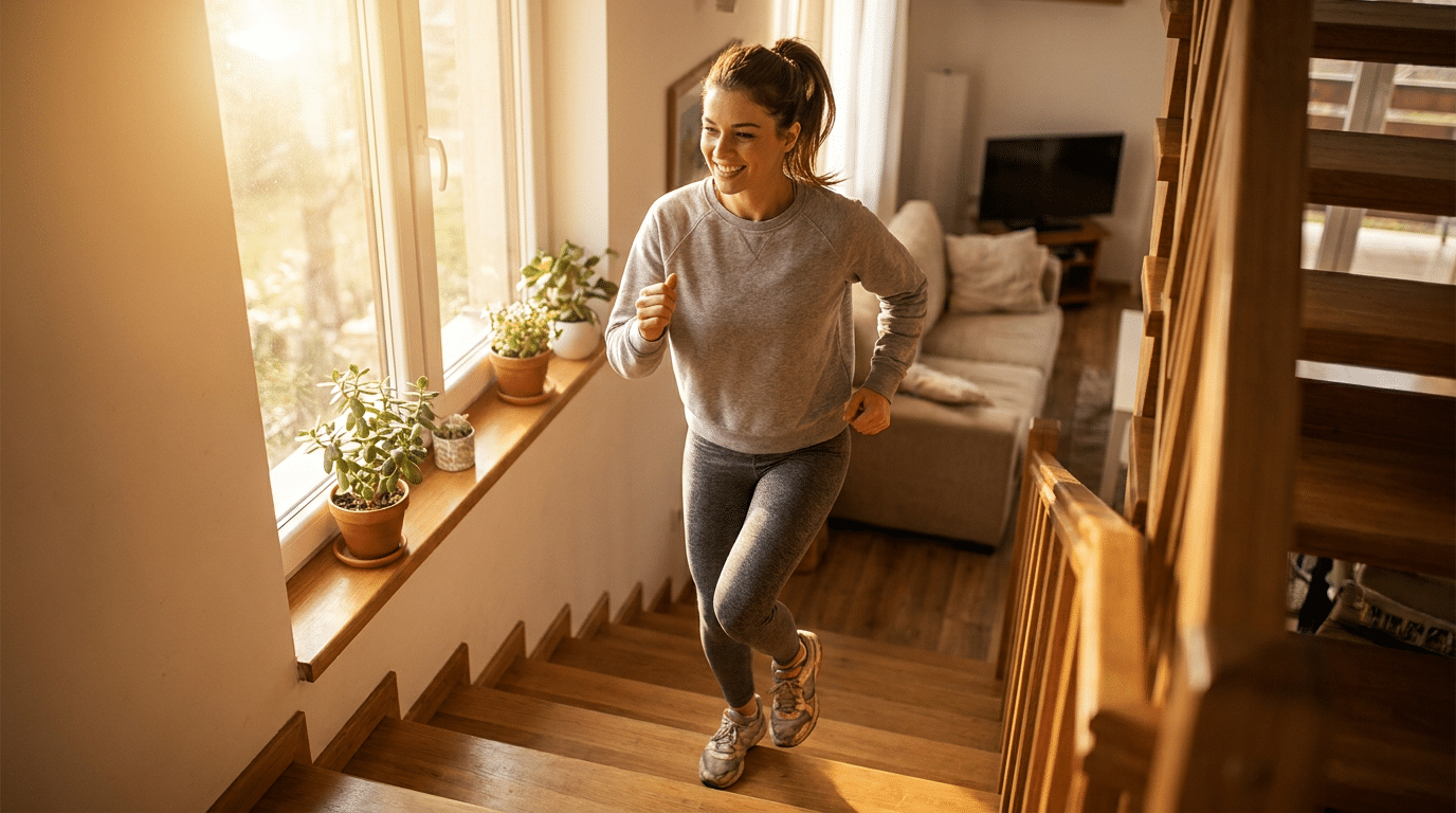 Vrouw loopt de trap op als workout thuis