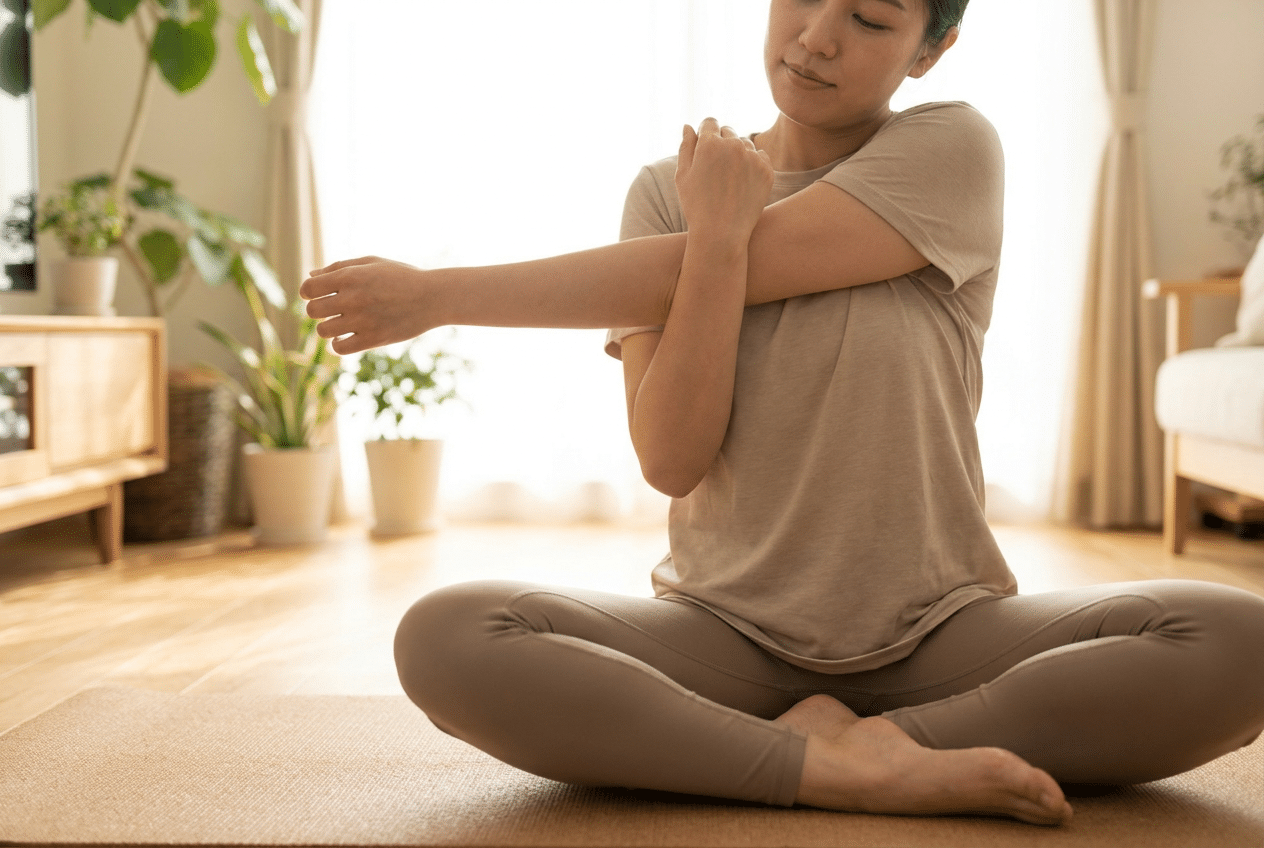 Close-up van een rustige stretchoefening op een yogamat thuis als actief herstel