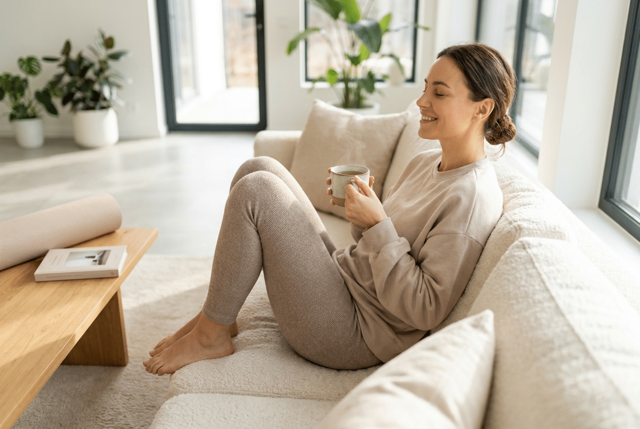 Vrouw in sportkleding rust uit op de bank met een kopje thee na een workout