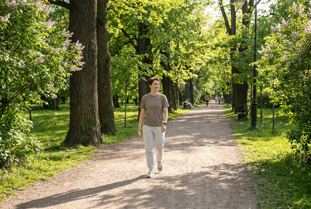 Persoon maakt een rustige herstelwandeling in een groen park op een zonnige dag