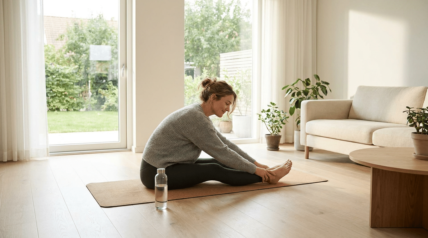 Vrouw rust ontspannen uit op een yogamat in een lichte woonkamer na het sporten